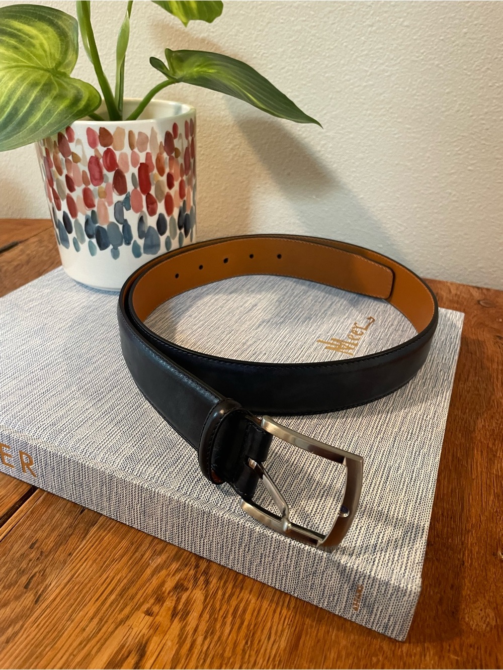 Magnanni Tanner Calfskin Leather Dress Belt — Navy — Size 36